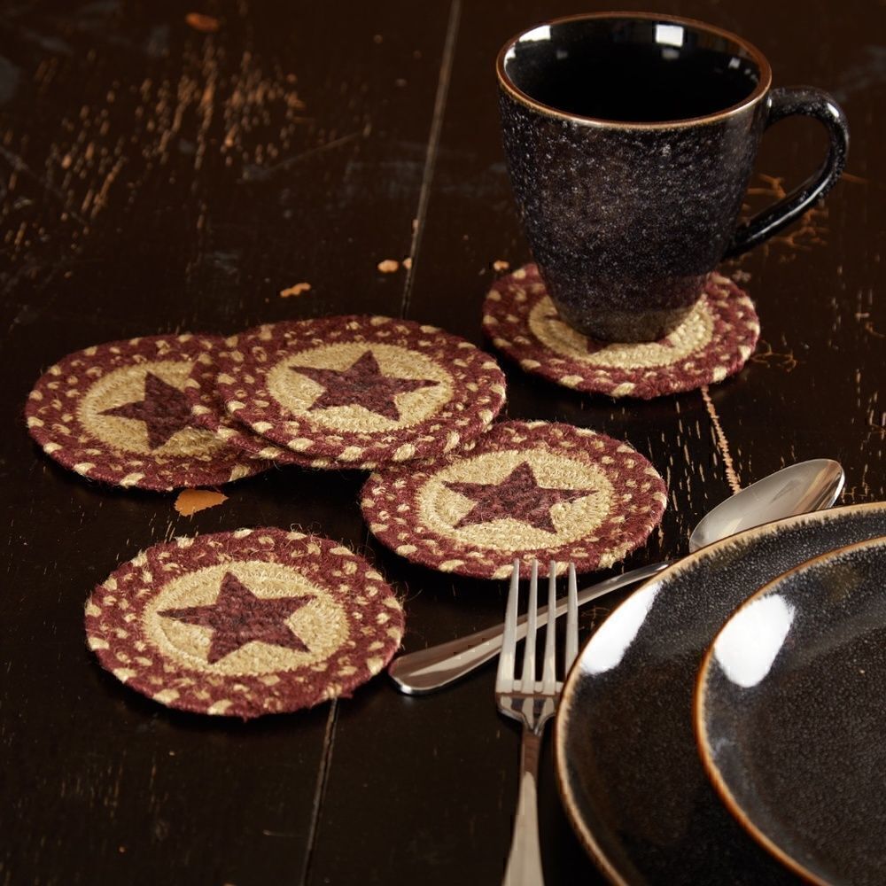 NEW! Primitive Burgundy Star Jute Braided Coaster Set of Six Farmhouse Country